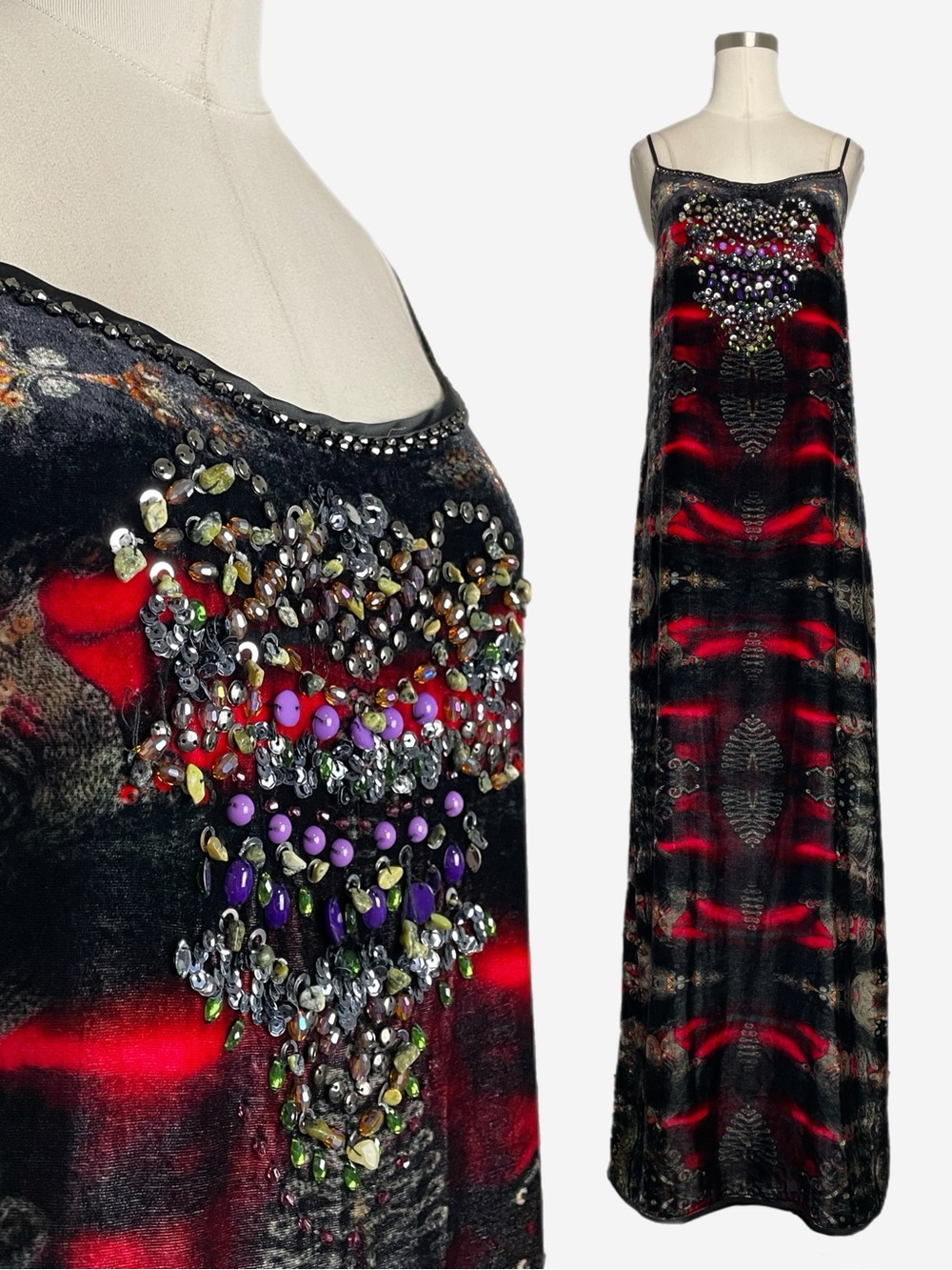 Vintage Y2K Custo Barcelona black red velvet pop art beaded maxi slip dress M/L